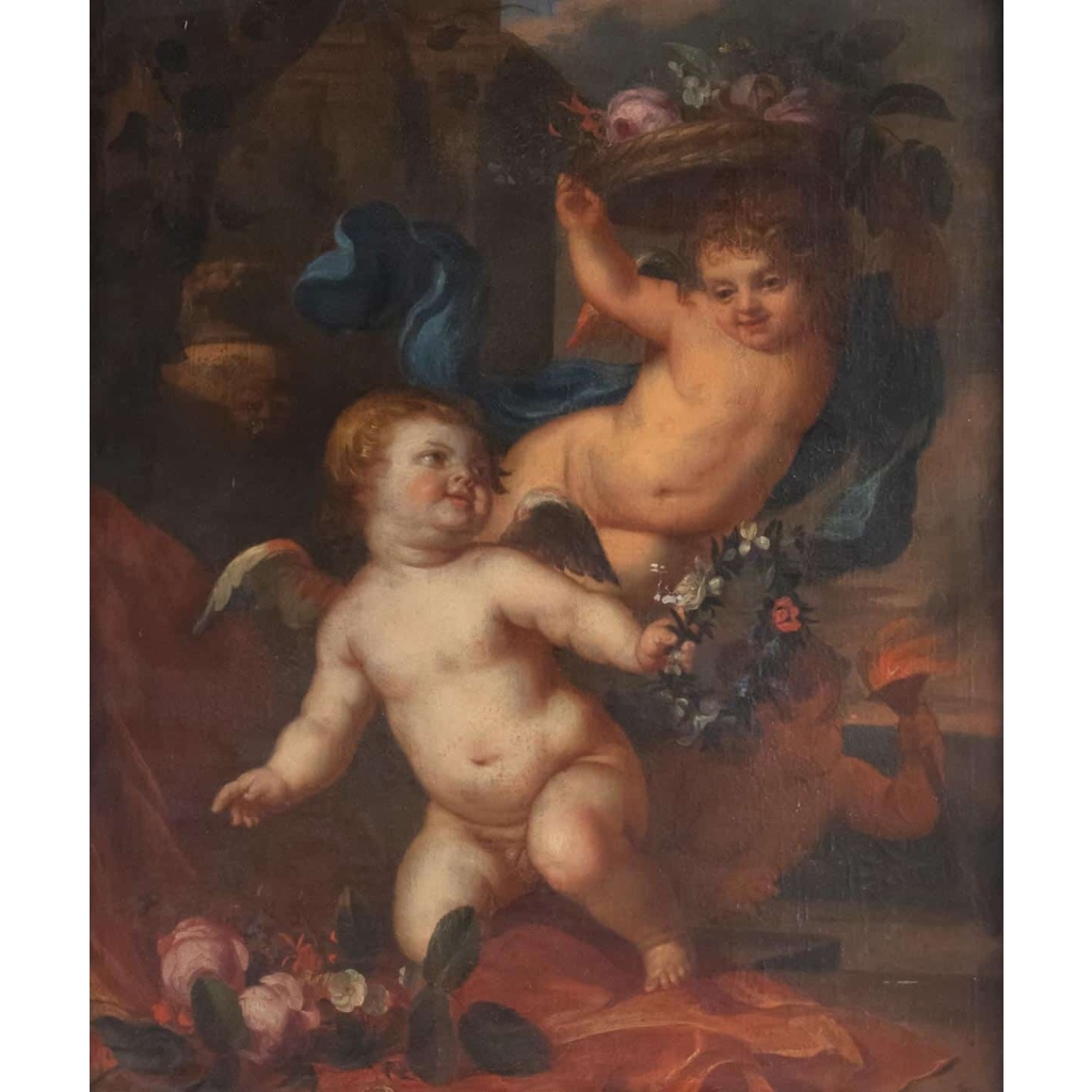Peinture, Huile Sur Toile, Flamande, 17ème Siècle, Représentant Trois Amours. | Biron Peinture, Huile Sur Toile, Flamande, 17ème Siècle, Représentant Trois Amours.