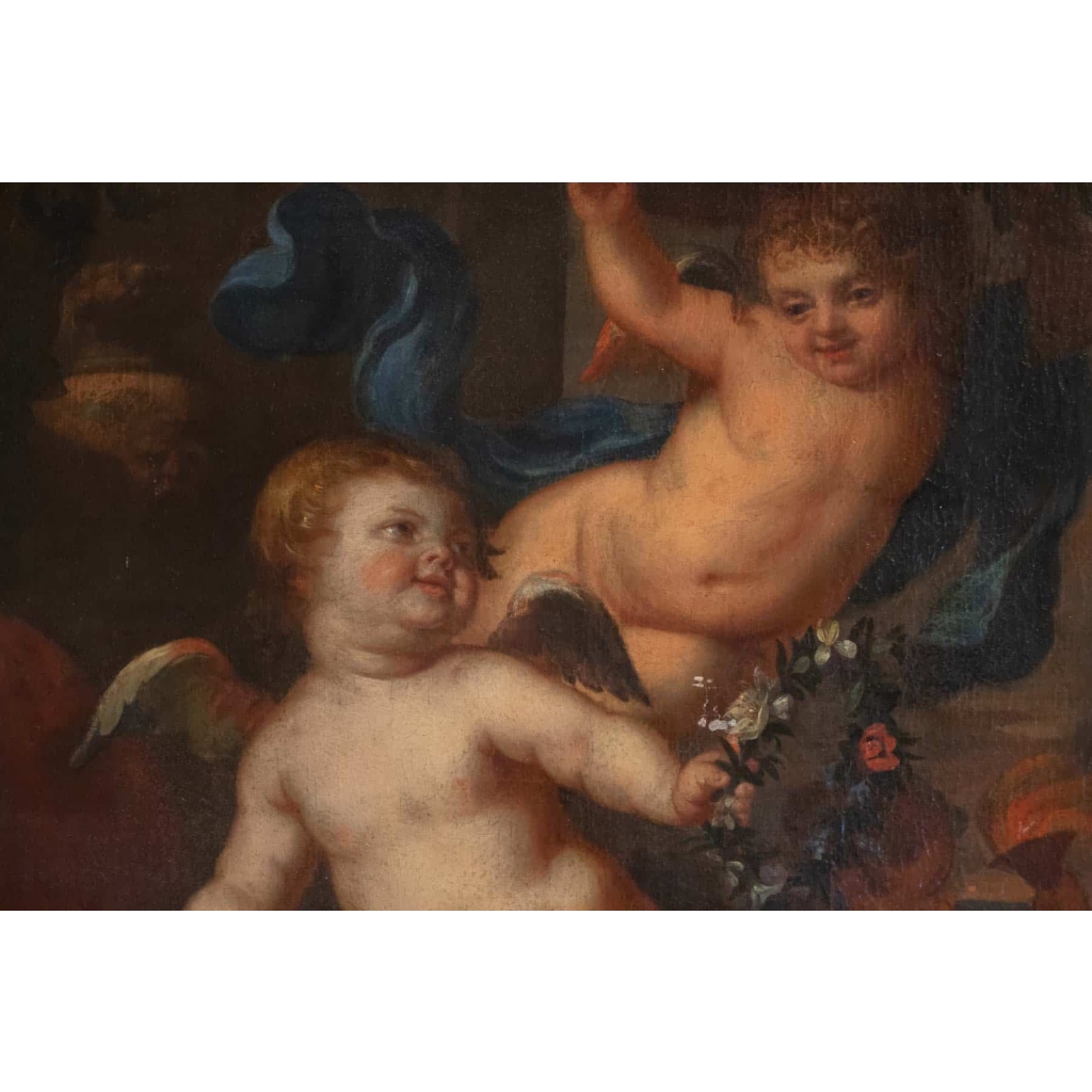 Peinture, Huile Sur Toile, Flamande, 17ème Siècle, Représentant Trois Amours. | Biron Peinture, Huile Sur Toile, Flamande, 17ème Siècle, Représentant Trois Amours.
