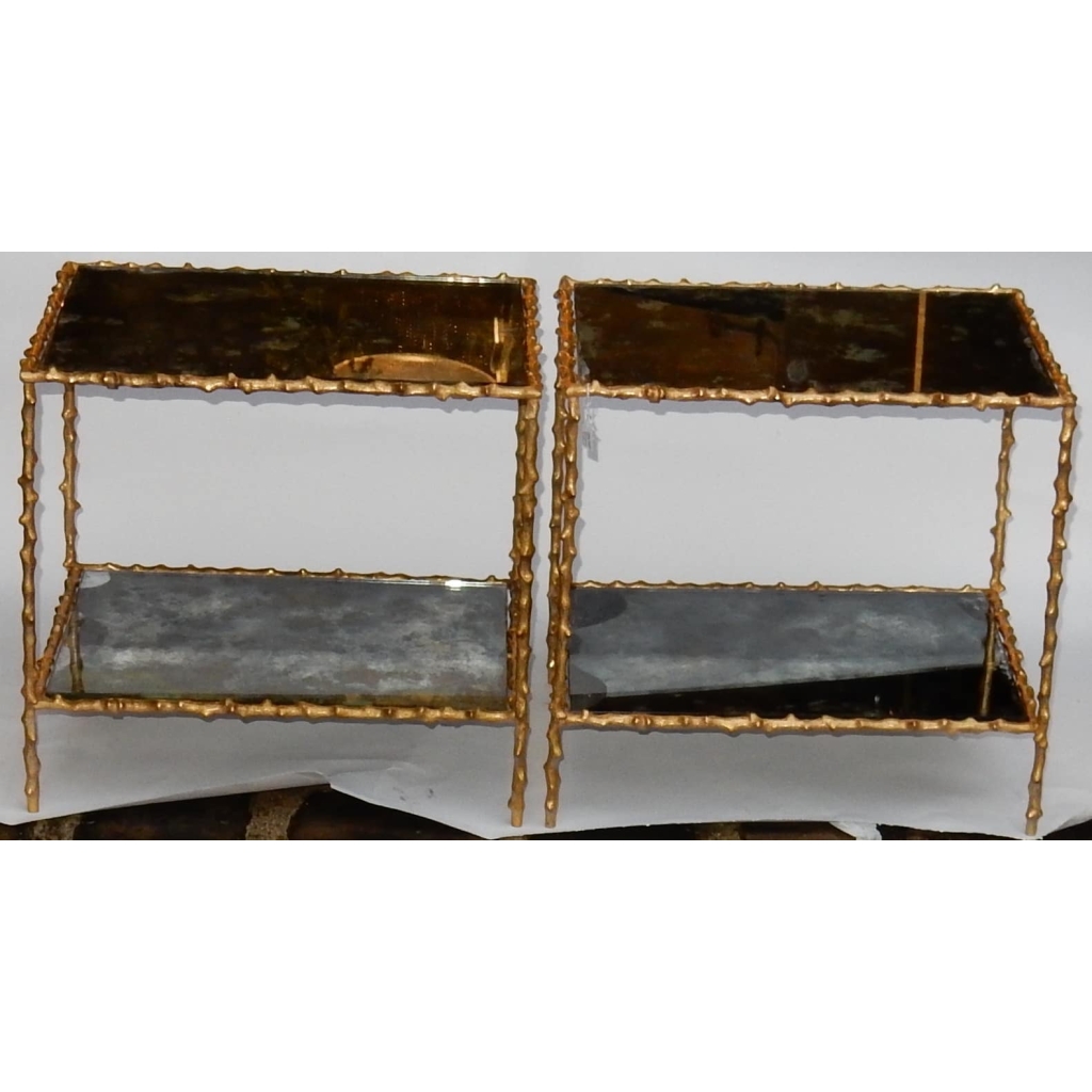 1970′ Paire de Bouts de Canapé En Bronze Doré Decor Végétal  Maison Jansen Plateaux Miroirs Vieillis  49 X 37 cm 2