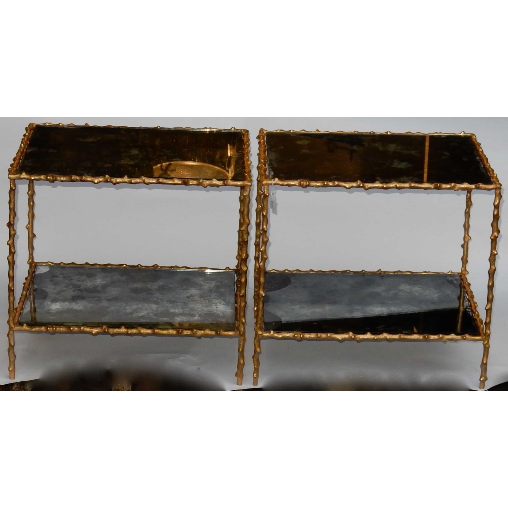1970′ Paire de Bouts de Canapé En Bronze Doré Decor Végétal  Maison Jansen Plateaux Miroirs Vieillis  49 X 37 cm 3