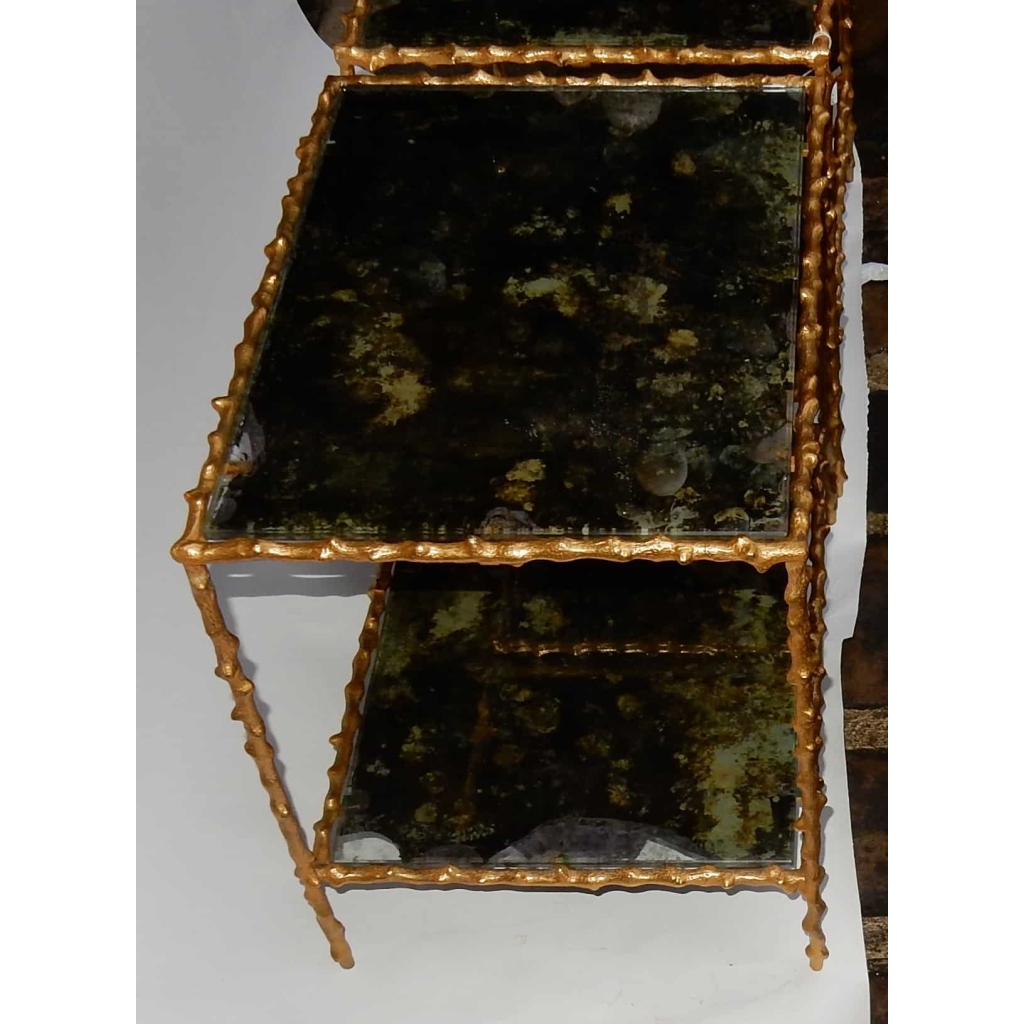 1970′ Paire de Bouts de Canapé En Bronze Doré Decor Végétal  Maison Jansen Plateaux Miroirs Vieillis  49 X 37 cm 5