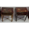 1970′ Paire de Séries de 3 Tables Gigognes Style Maison Bagués Decor Bambou en Bronze Doré Plateaux avec Laque de Chine Rouge Decor de Paysage Avec Oiseau | Biron |||||||