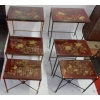 1970′ Paire de Séries de 3 Tables Gigognes Style Maison Bagués Decor Bambou en Bronze Doré Plateaux avec Laque de Chine Rouge Decor de Paysage Avec Oiseau | Biron 1970' Paire de Séries de 3 Tables Gigognes Style Maison Bagués Decor Bambou en Bronze Doré Plateaux avec Laque de Chine Rouge Decor de Paysage Avec Oiseau