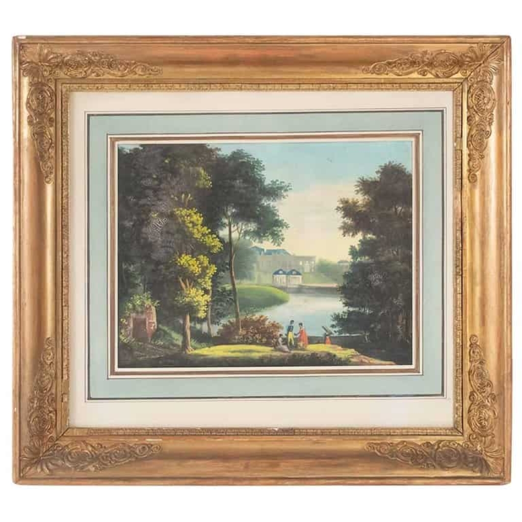 Aquarelle d’époque Directoir, Cadre d’époque | Biron ||||||