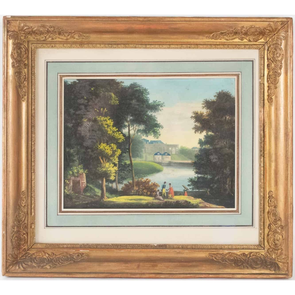 Aquarelle d’époque Directoir, Cadre d’époque | Biron Aquarelle d'époque Directoir, Cadre d'époque