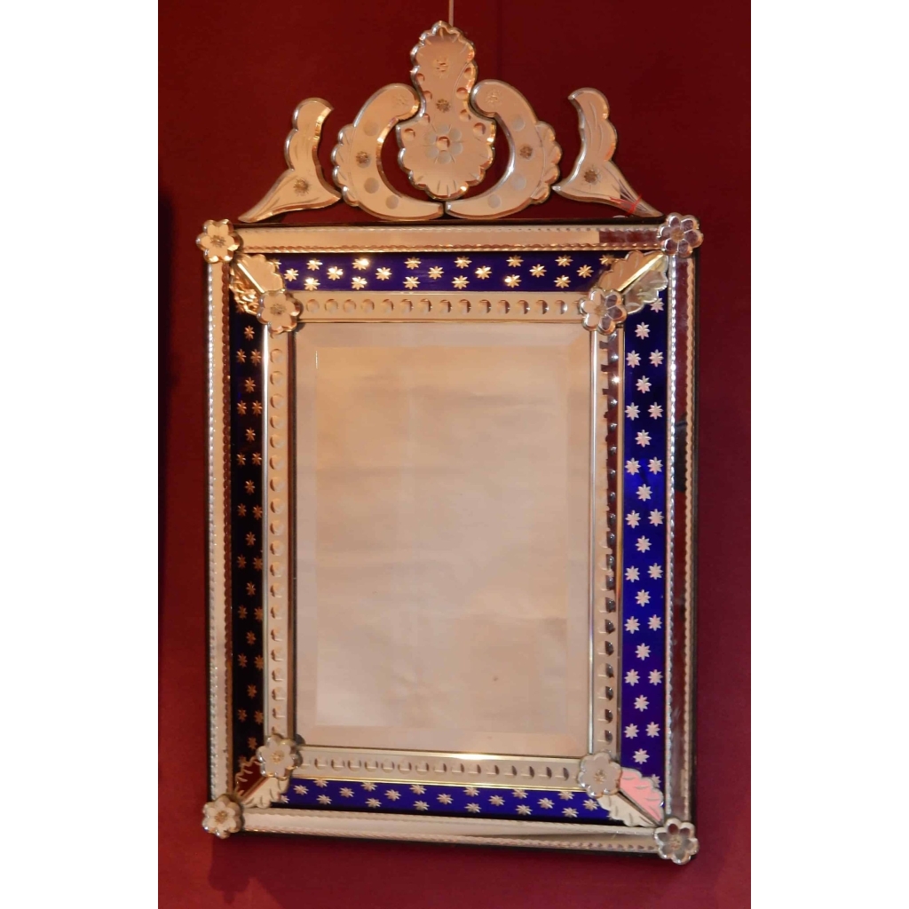 1940/50 ‘ Miroir N3 Venise Rectangulaire à Fronton Avec Cadre en Verre Bleu Orné D Etoiles Argentées Centre Biseauté | Biron |||||||