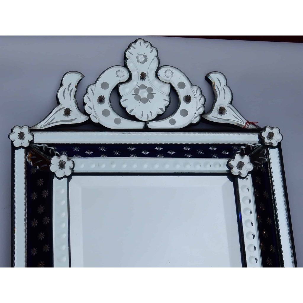 1940/50 ‘ Miroir N3 Venise Rectangulaire à Fronton Avec Cadre en Verre Bleu Orné D Etoiles Argentées Centre Biseauté | Biron 1940/50 ' Miroir N3 Venise Rectangulaire à Fronton Avec Cadre en Verre Bleu Orné D Etoiles Argentées Centre Biseauté