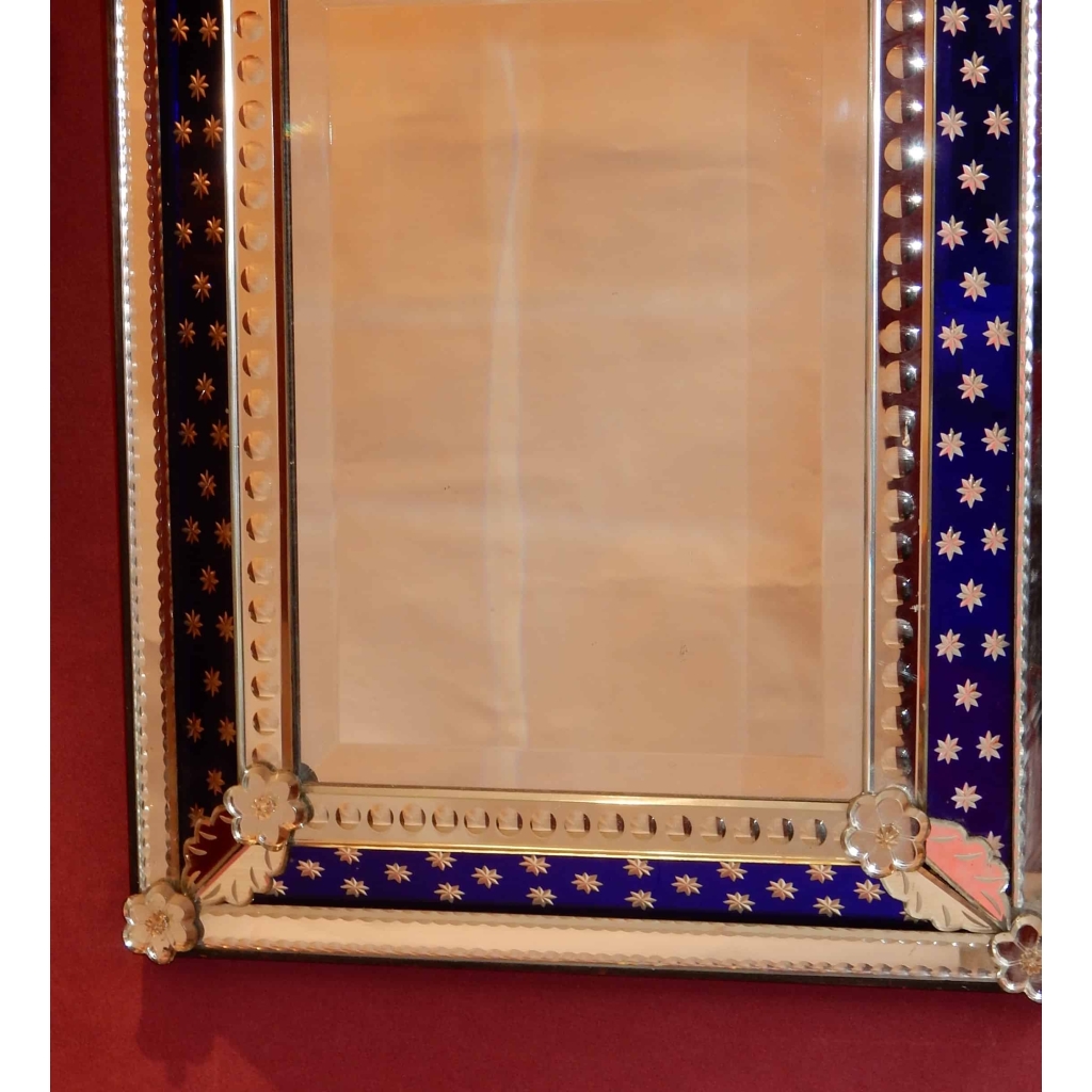 1940/50 ‘ Miroir N3 Venise Rectangulaire à Fronton Avec Cadre en Verre Bleu Orné D Etoiles Argentées Centre Biseauté | Biron 1940/50 ' Miroir N3 Venise Rectangulaire à Fronton Avec Cadre en Verre Bleu Orné D Etoiles Argentées Centre Biseauté