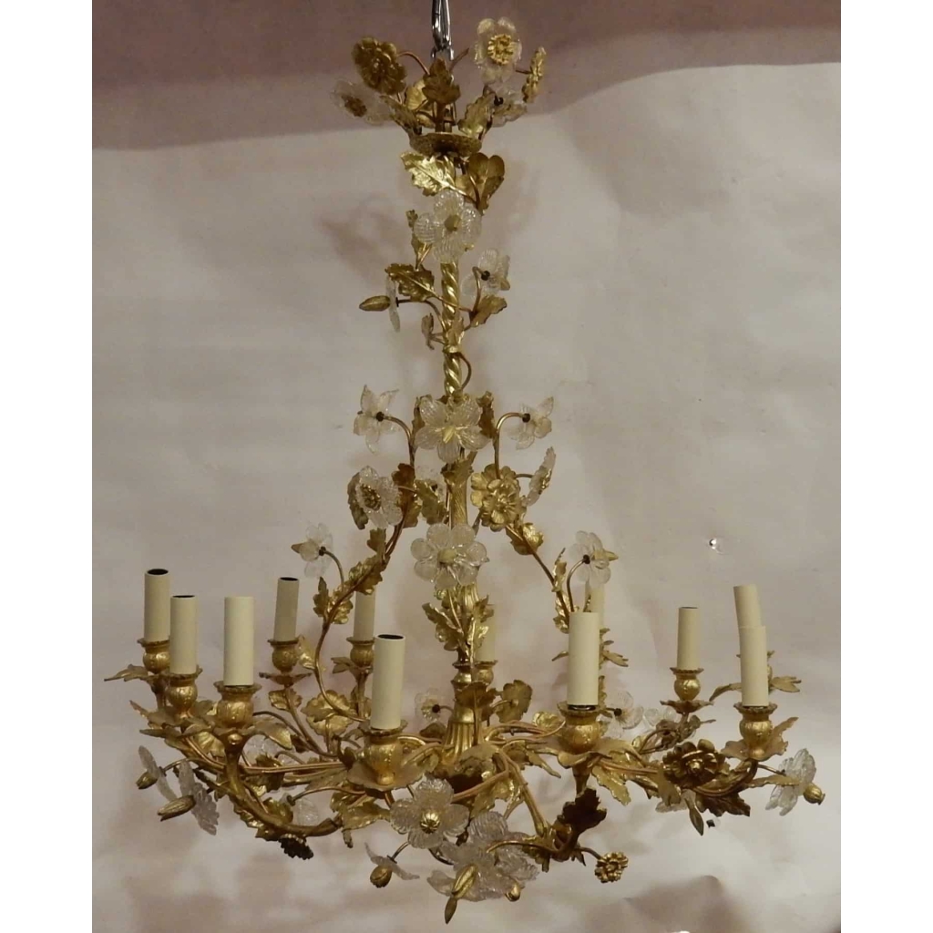 1880′ Lustre en Bronze Doré Décor Floral 12 Lumiéres | Biron ||||||||||