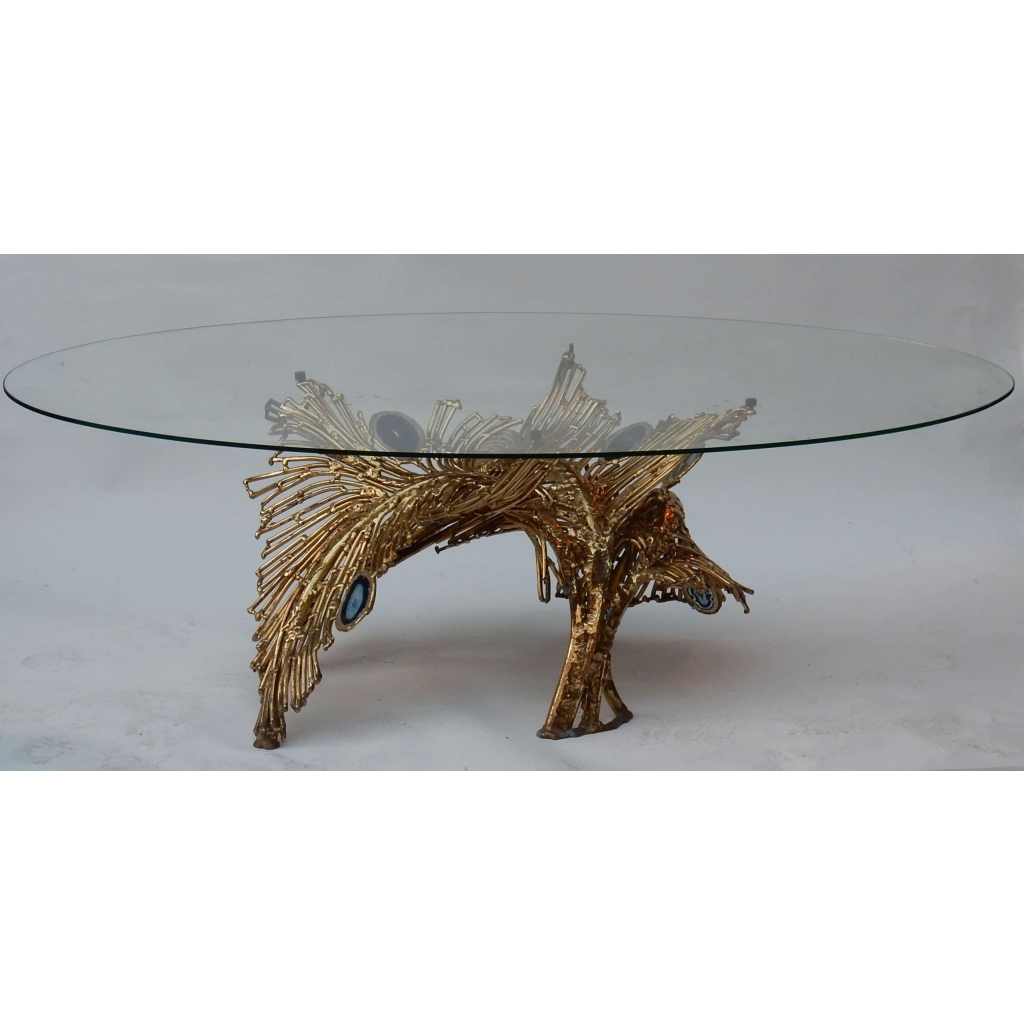 1970′ Table Basse Eclairante Laiton Doré Fougéres Avec Agates Bleues Style Duval Brasseur | Biron |||||||||
