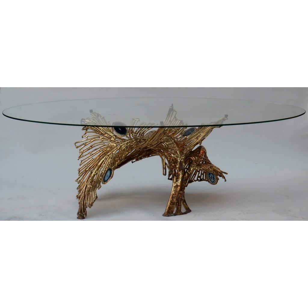1970′ Table Basse Eclairante Laiton Doré Fougéres Avec Agates Bleues Style Duval Brasseur | Biron 1970' Table Basse Eclairante Laiton Doré Fougéres Avec Agates Bleues Style Duval Brasseur