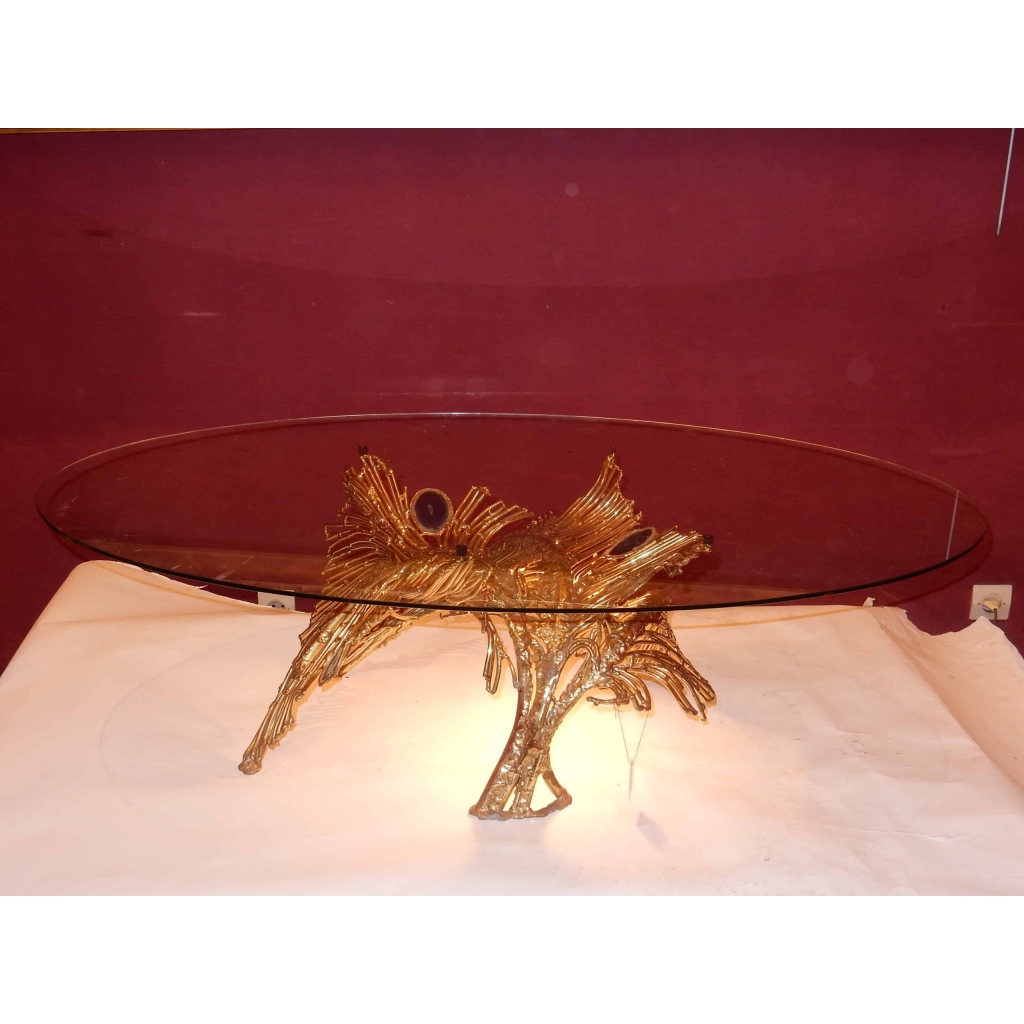 1970′ Table Basse Eclairante Laiton Doré Fougéres Avec Agates Bleues Style Duval Brasseur | Biron 1970' Table Basse Eclairante Laiton Doré Fougéres Avec Agates Bleues Style Duval Brasseur