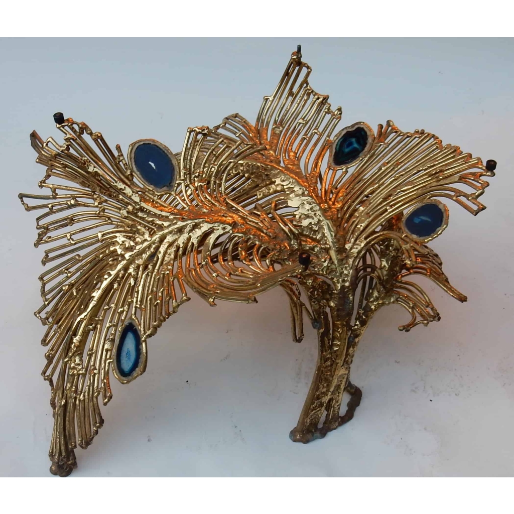 1970′ Table Basse Eclairante Laiton Doré Fougéres Avec Agates Bleues Style Duval Brasseur | Biron 1970' Table Basse Eclairante Laiton Doré Fougéres Avec Agates Bleues Style Duval Brasseur