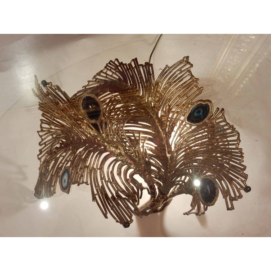 1970′ Table Basse Eclairante Laiton Doré Fougéres Avec Agates Bleues Style Duval Brasseur | Biron 1970' Table Basse Eclairante Laiton Doré Fougéres Avec Agates Bleues Style Duval Brasseur