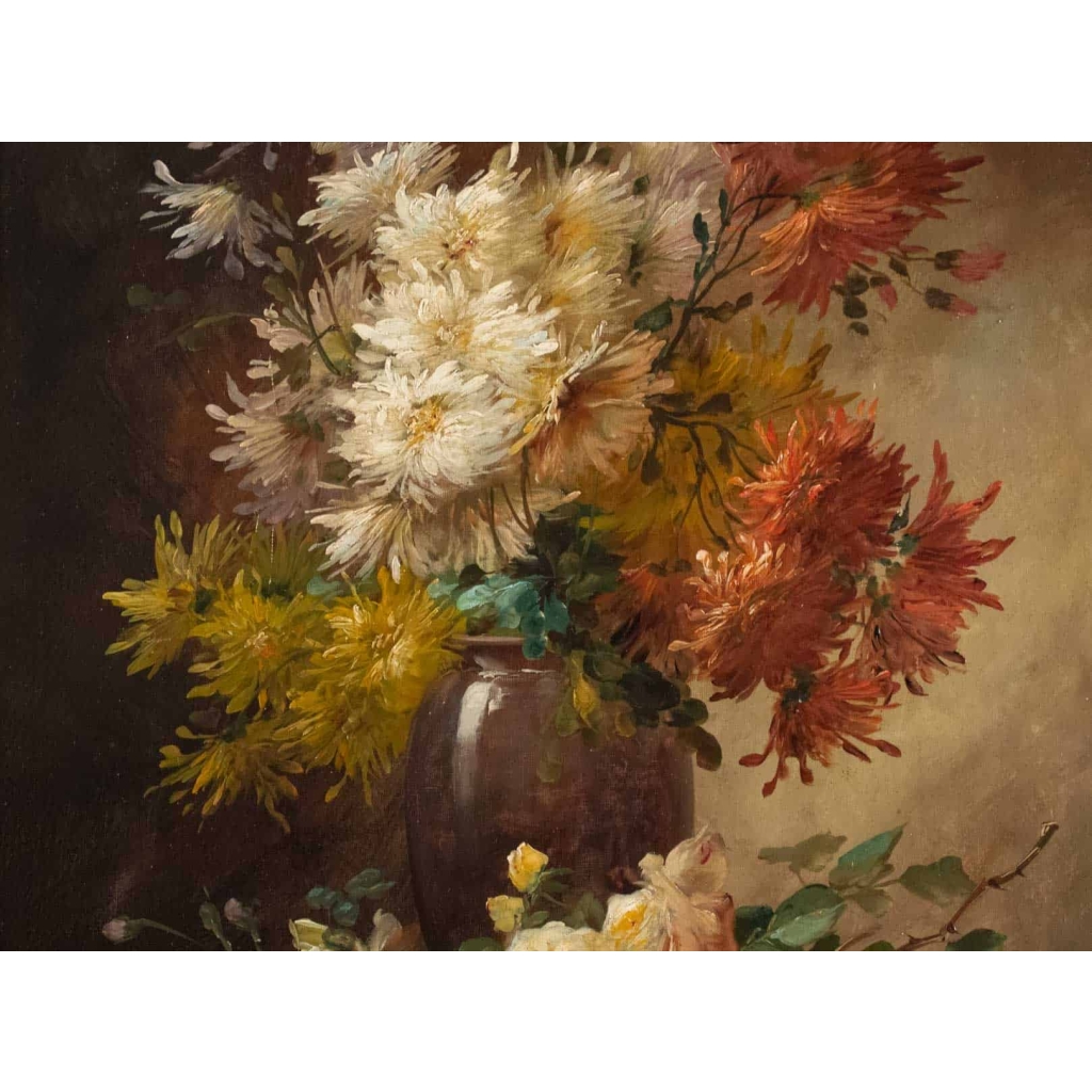 Alfred Godchaux (1835 – 1895): Roses et chrysanthèmes. | Biron Alfred Godchaux (1835 - 1895): Roses et chrysanthèmes.