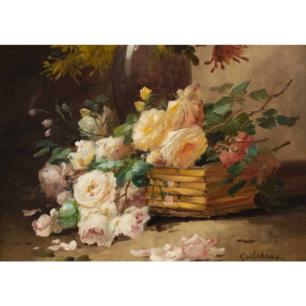 Alfred Godchaux (1835 – 1895): Roses et chrysanthèmes. | Biron Alfred Godchaux (1835 - 1895): Roses et chrysanthèmes.