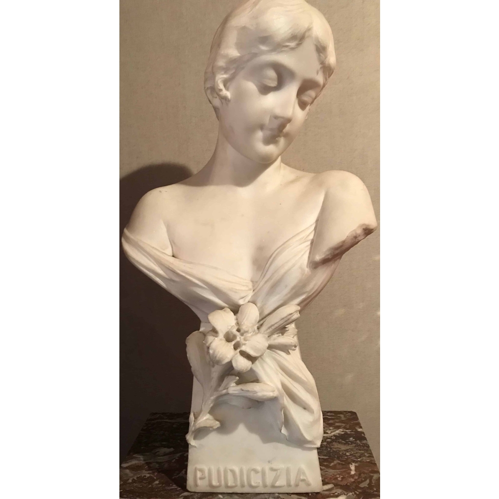 Buste de jeune femme en marbre blanc, intitulé, « la modestie » Italie. Réf: 145. | Biron ||||