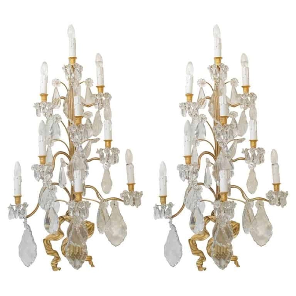 Spectaculaire Paire d’Appliques, 1930-1940, En Bronze Doré Et Pampilles En Cristal | Biron ||||||||