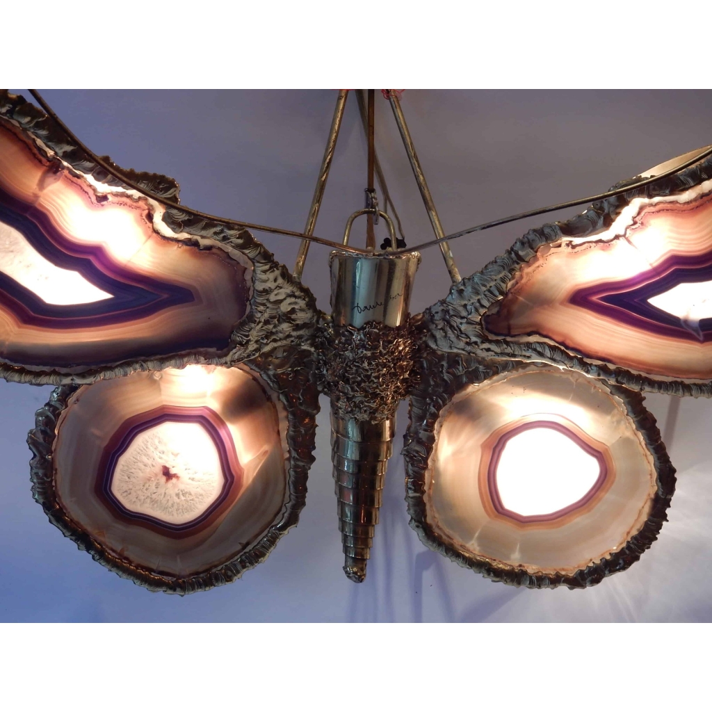 1970' Applique Papillon Signée Isabelle Faure Avec Ailes En Agates 51 X 63 CM