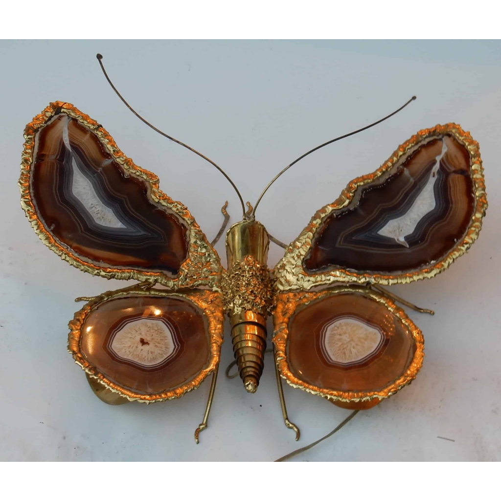 1970' Applique Papillon Signée Isabelle Faure Avec Ailes En Agates 51 X 63 CM