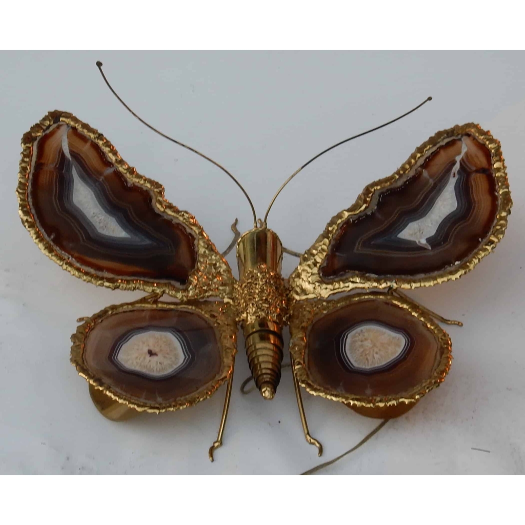 1970' Applique Papillon Signée Isabelle Faure Avec Ailes En Agates 51 X 63 CM