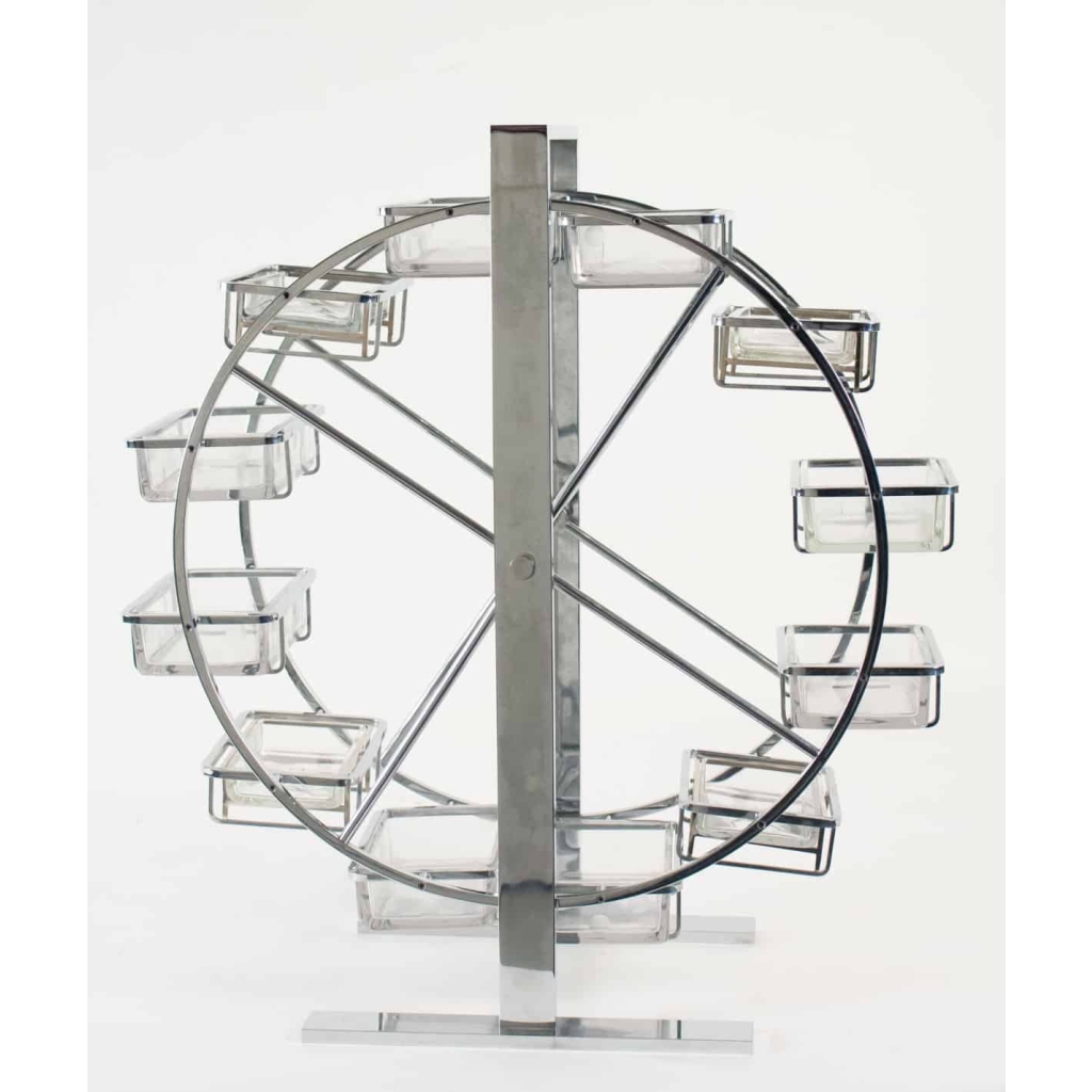 "Adnet" Attribué à Grande Roue Métal Chromé et Verre