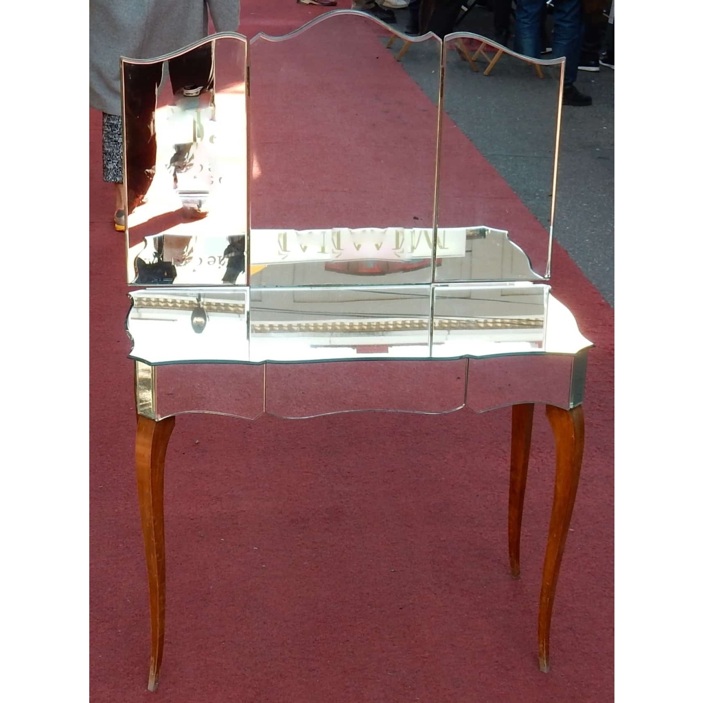 1940′ Coiffeuse Art Deco Avec Tryptique Miroirs | Biron 1940' Coiffeuse Art Deco Avec Tryptique Miroirs