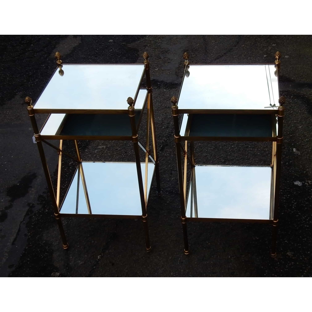 1950/70′ Paire d’Etagères en Laiton à 3 Niveaux Maison Bagués Plateaux Miroirs 32 X 32 cm | Biron |||||||||||