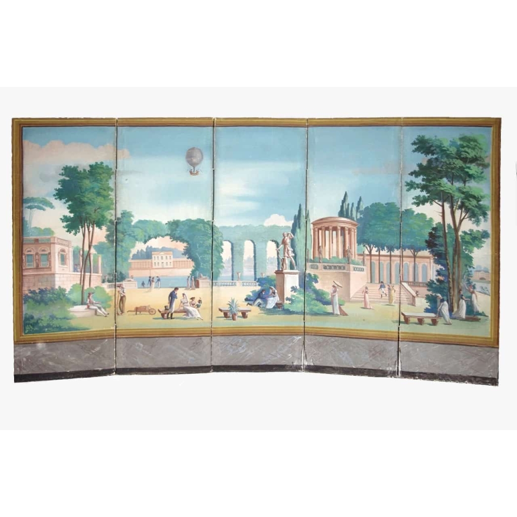 Paravent Directoire figurant un jardin d’inspiration néoclassique, fin XVIIIème siècle | Biron Paravent Directoire figurant un jardin d’inspiration néoclassique, fin XVIIIème siècle