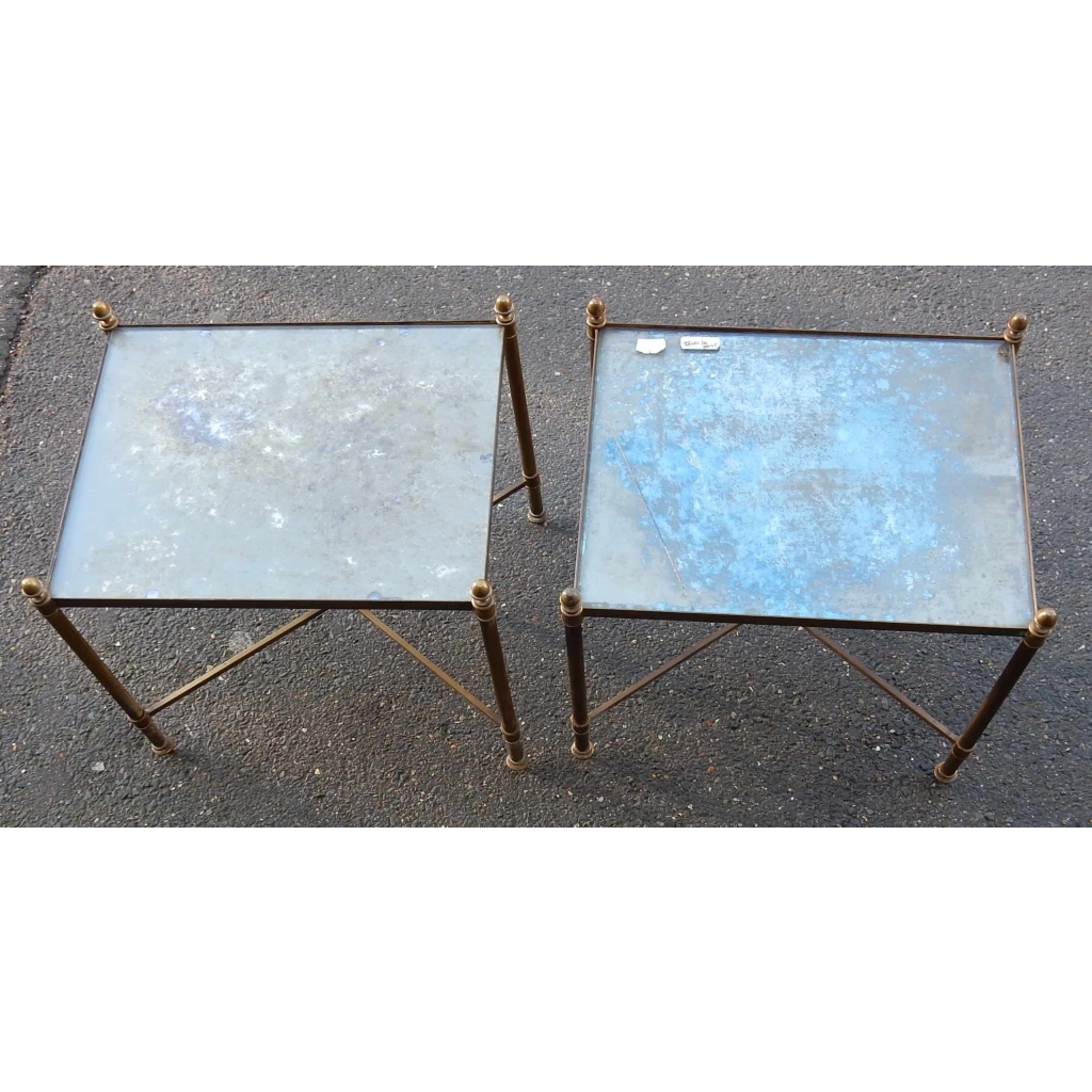 1950/70′ Paire de Bouts de Canapés Bronze Modéle Bambou , Plateau en miroir oxydés vieillis Style Maison Bagués 41 X 32 cm | Biron ||||||