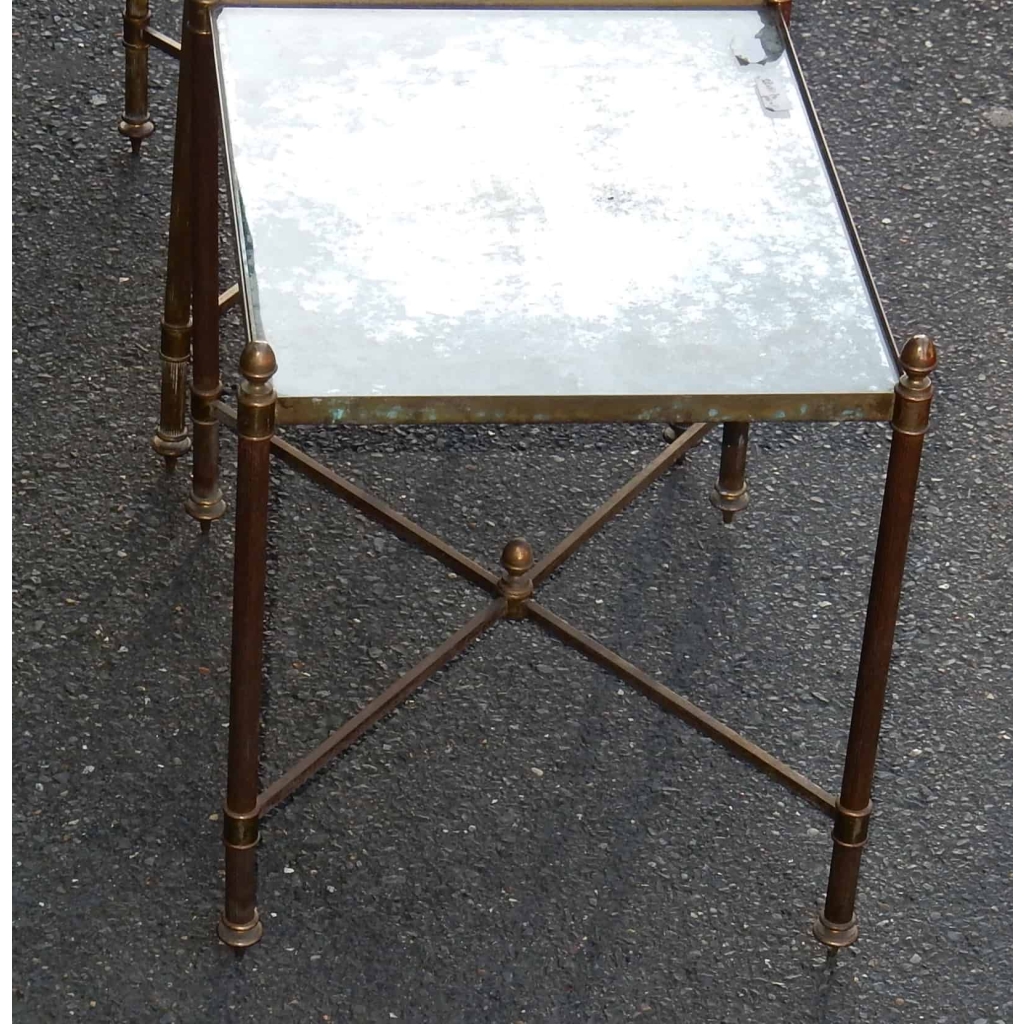 1950/70′ Paire de Bouts de Canapés Bronze Modéle Bambou , Plateau en miroir oxydés vieillis Style Maison Bagués 41 X 32 cm | Biron 1950/70' Paire de Bouts de Canapés Bronze Modéle Bambou , Plateau en miroir oxydés vieillis Style Maison Bagués 41 X 32 cm