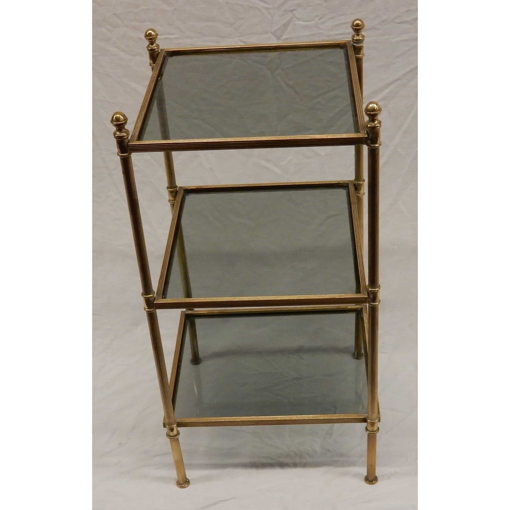 1970′ Bout de canapé carré Maison Bagues 3 plateaux avec vitres teintées bleuté 32 X 32 cm 2