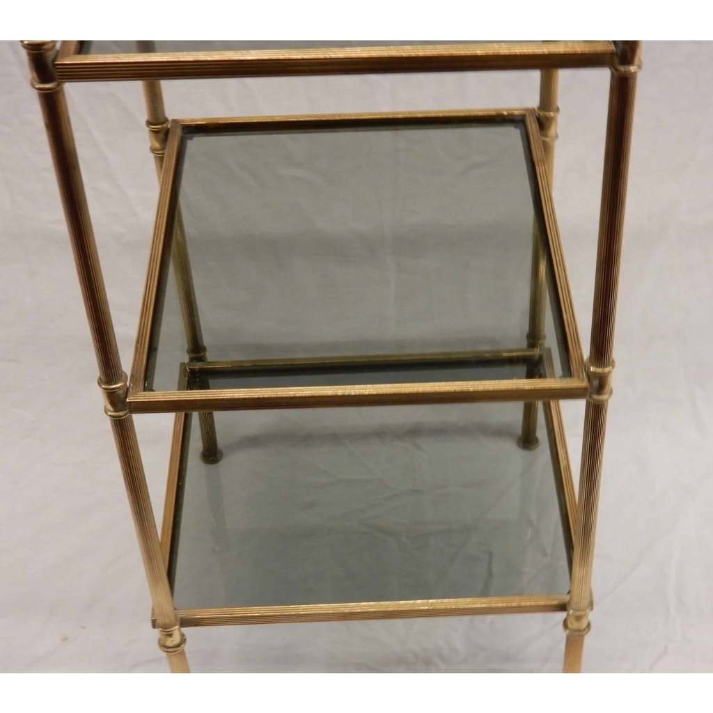 1970′ Bout de canapé carré Maison Bagues 3 plateaux avec vitres teintées bleuté 32 X 32 cm 3