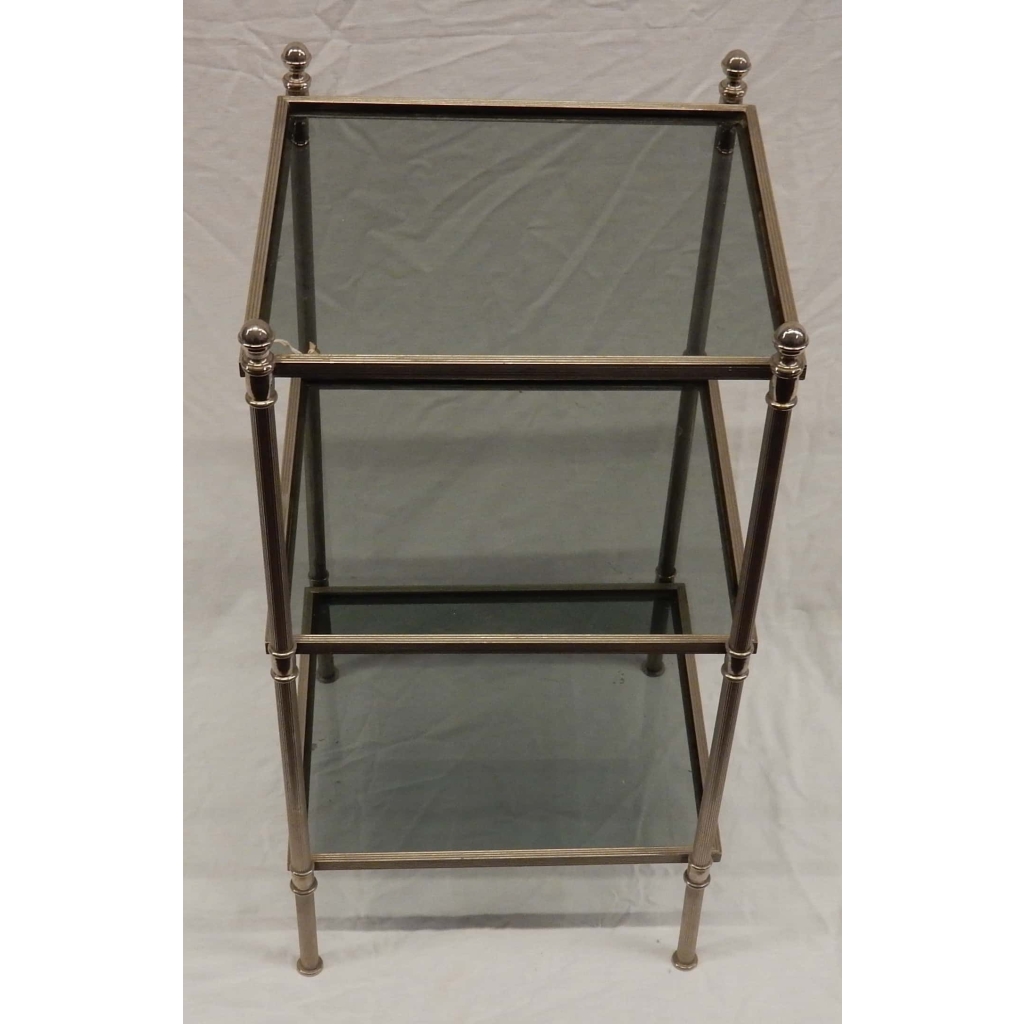 1970′ Bout de canapé carré Maison Bagues 3 plateaux avec vitres teintées bleuté 32 X 32 cm 6
