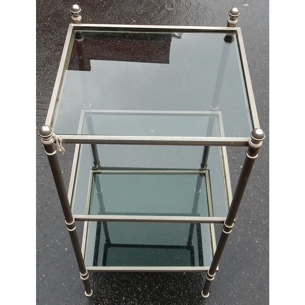 1970' Bout de canapé carré 3 plateaux avec vitres teintées bleuté 32 X 32 cm