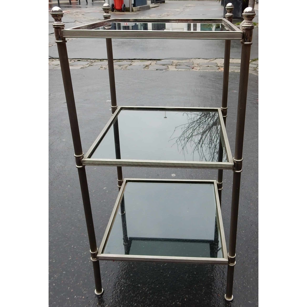 1970' Bout de canapé carré 3 plateaux avec vitres teintées bleuté 32 X 32 cm