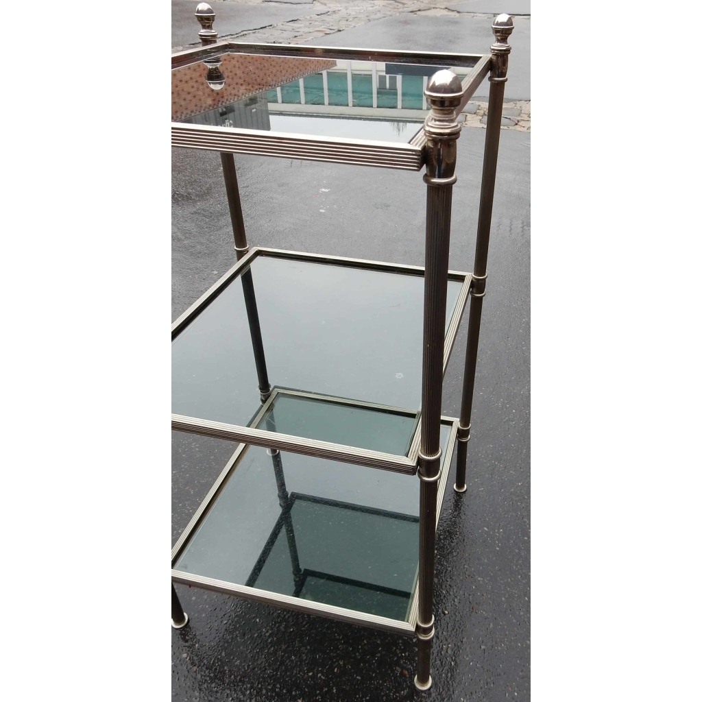 1970' Bout de canapé carré 3 plateaux avec vitres teintées bleuté 32 X 32 cm