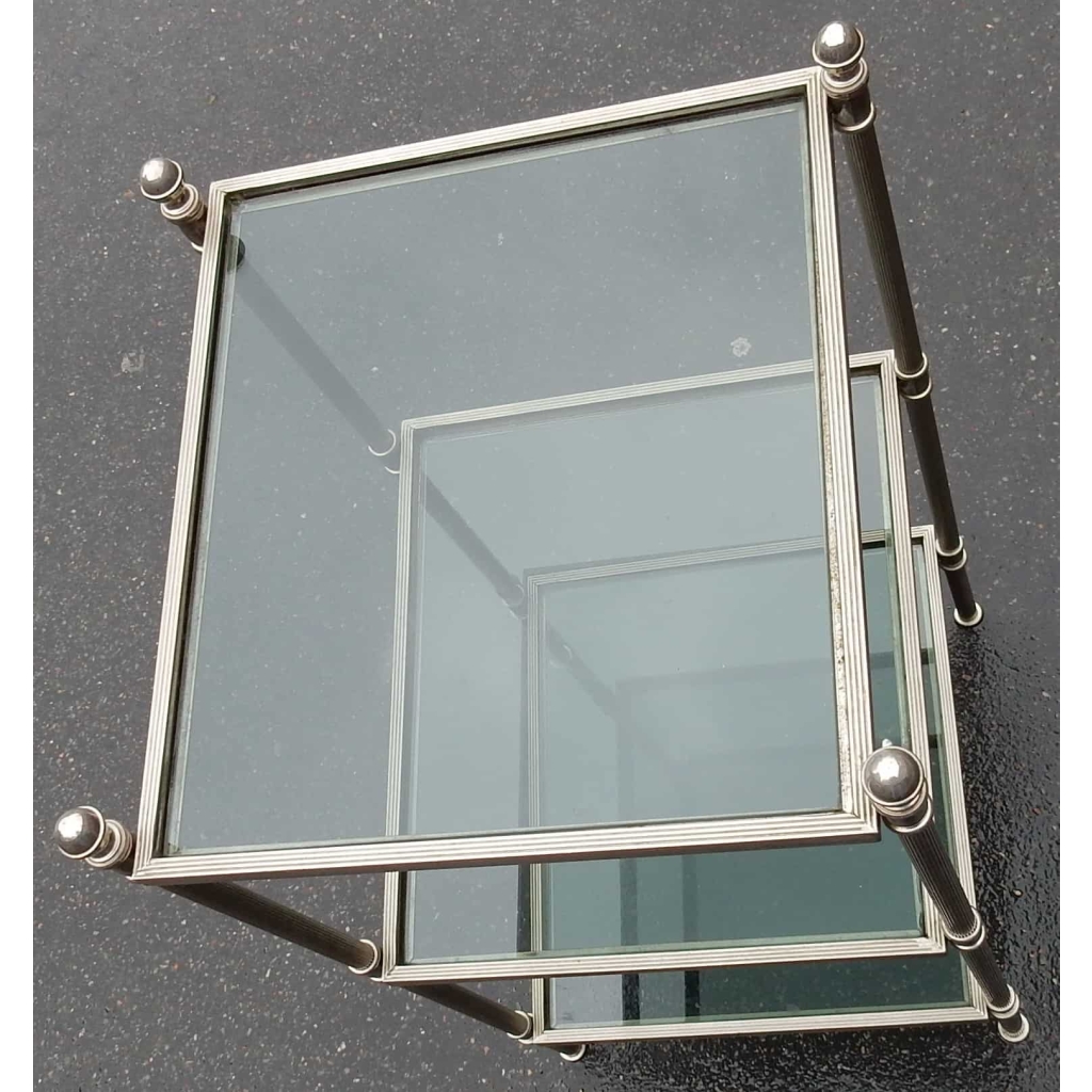 1970' Bout de canapé carré 3 plateaux avec vitres teintées bleuté 32 X 32 cm