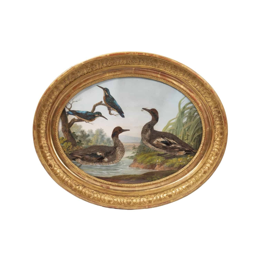 Paire de gouaches ovales figurant des oiseaux dans la nature, XIXe siècle