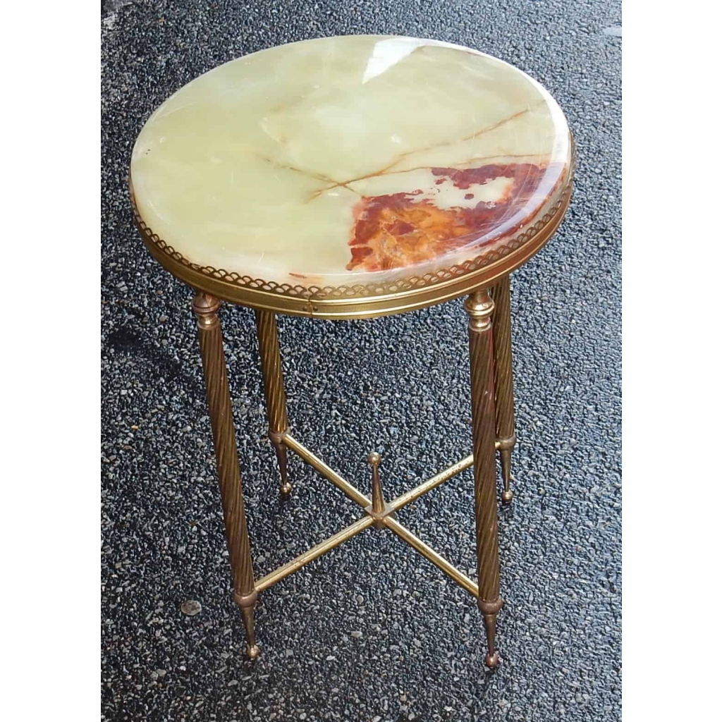 1950/70' Gueridon Laiton Galerie Ajourée Style Maison Bagués Plateau Onyx