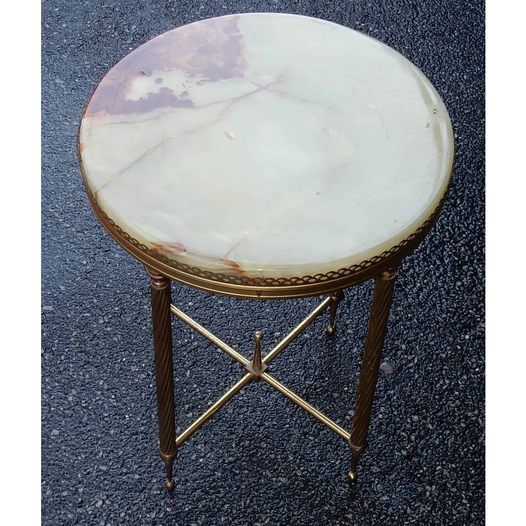 1950/70' Gueridon Laiton Galerie Ajourée Style Maison Bagués Plateau Onyx