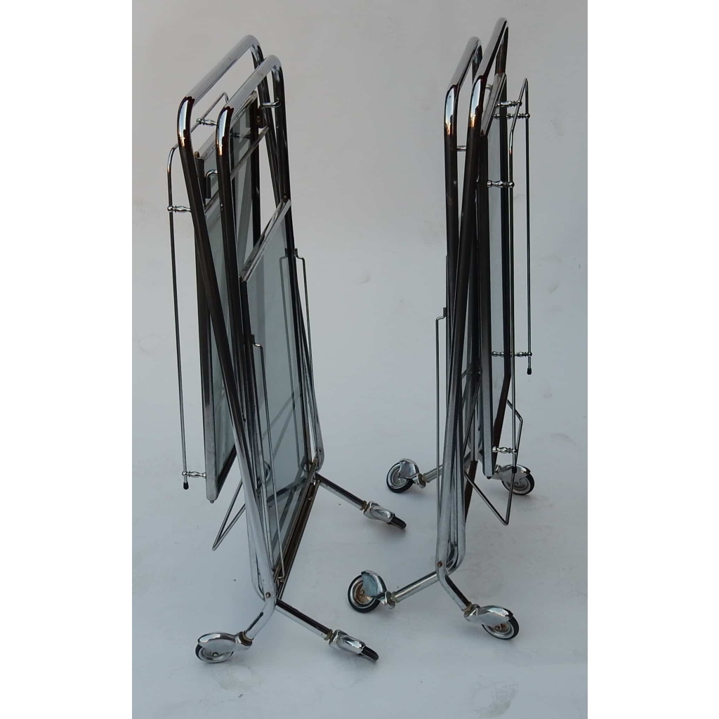 1950/70'Bar Roulant de Voyage et Pliant en Métal Chromé de Style Jacques Adnet