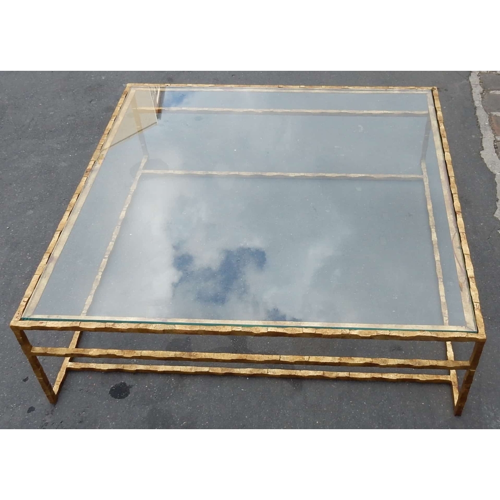 1970′ Table Basse en Fer Forgé Decor Végétal Dorée Feuilles d Or 130 X 130 cm 2