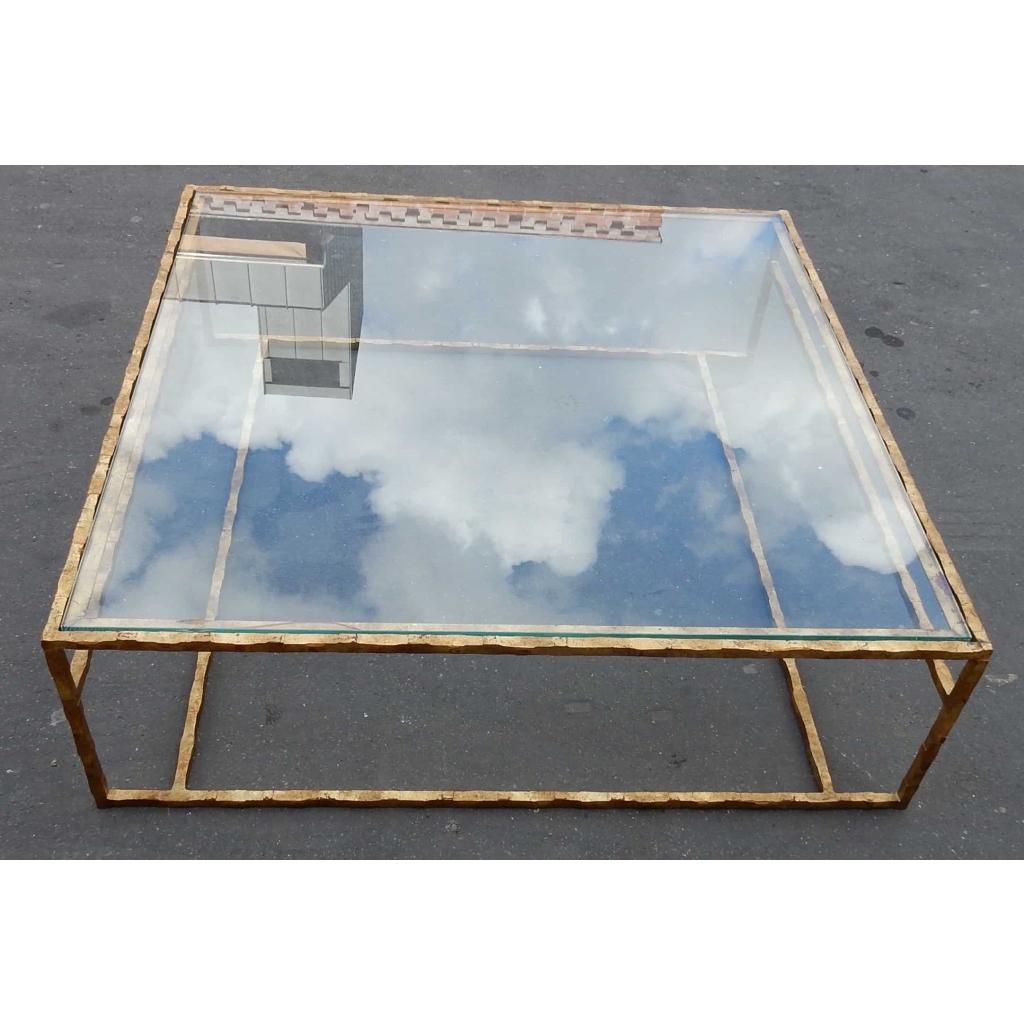 1970′ Table Basse en Fer Forgé Decor Végétal Dorée Feuilles d Or 130 X 130 cm 3