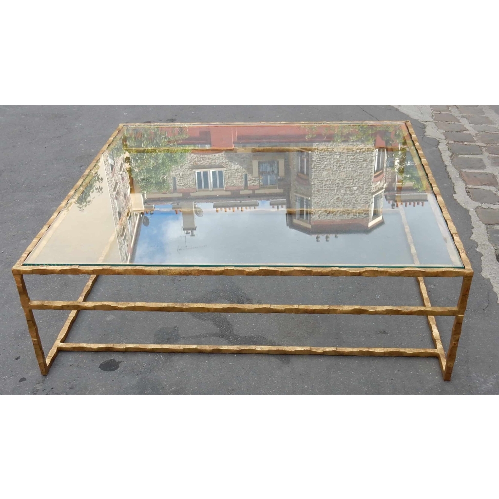 1970′ Table Basse en Fer Forgé Decor Végétal Dorée Feuilles d Or 130 X 130 cm 4