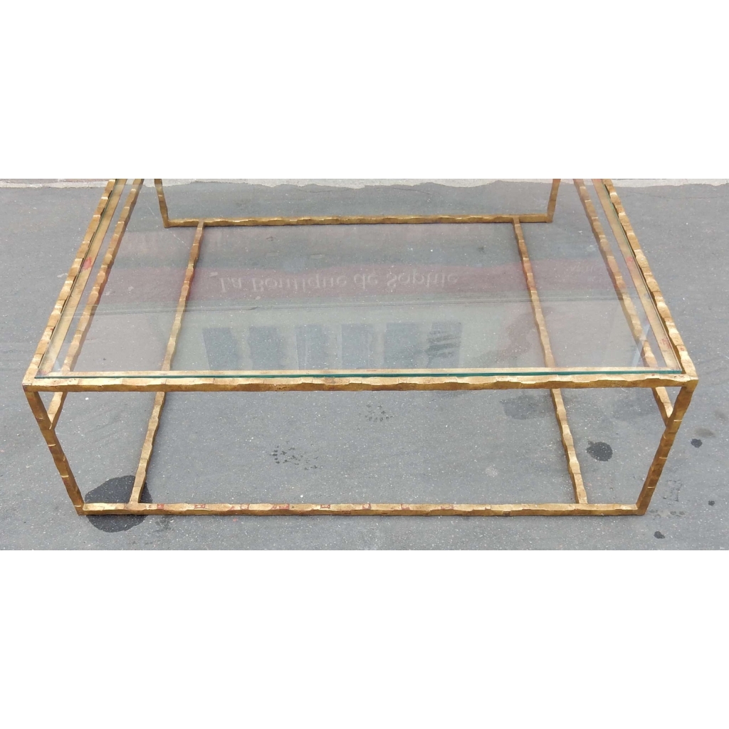 1970′ Table Basse en Fer Forgé Decor Végétal Dorée Feuilles d Or 130 X 130 cm 5
