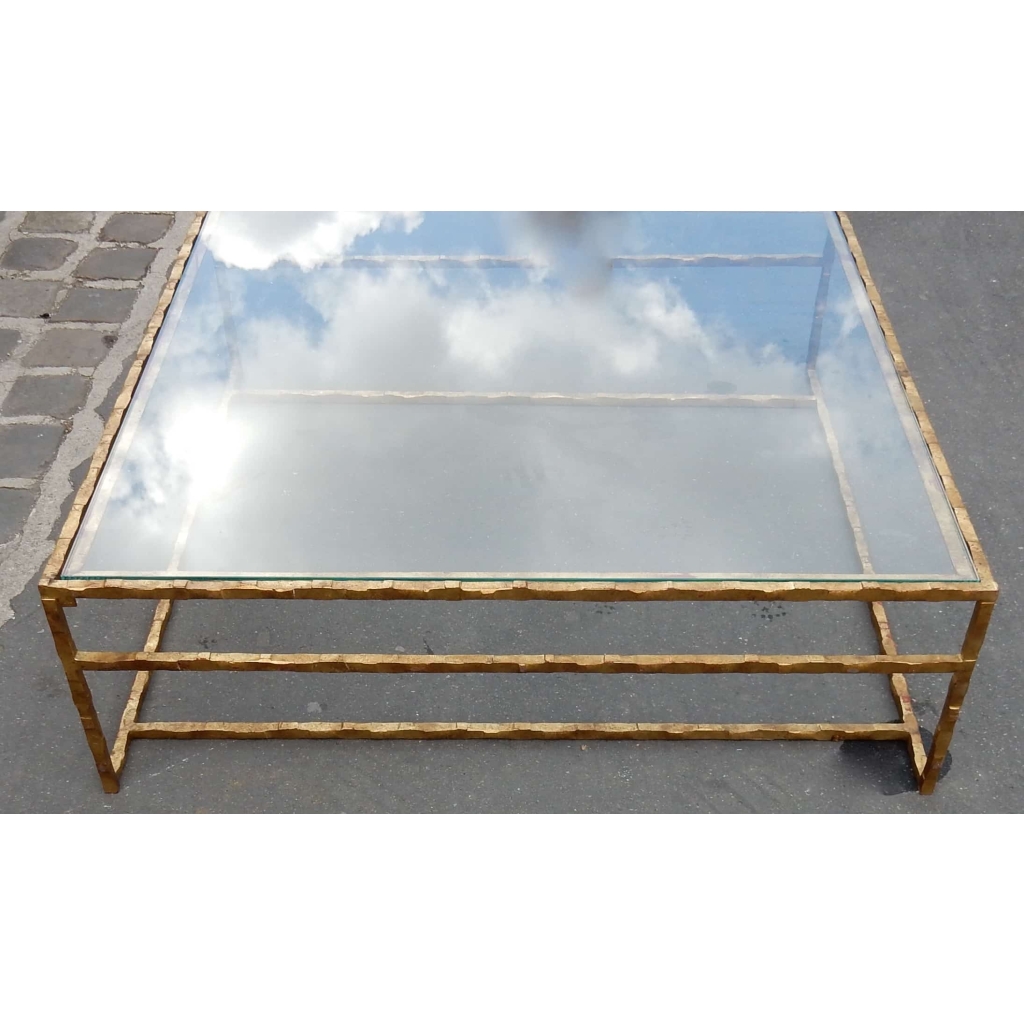 1970′ Table Basse en Fer Forgé Decor Végétal Dorée Feuilles d Or 130 X 130 cm 6