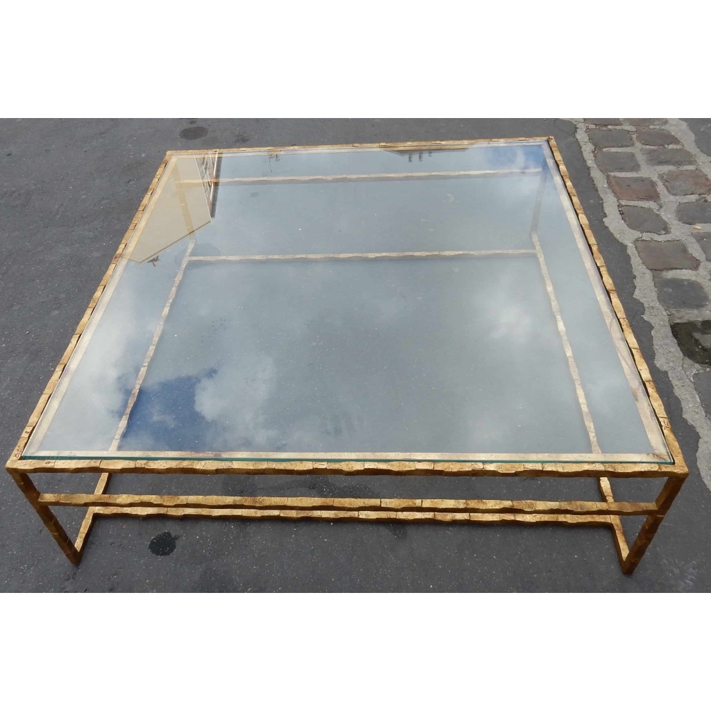 1970′ Table Basse en Fer Forgé Decor Végétal Dorée Feuilles d Or 130 X 130 cm 8