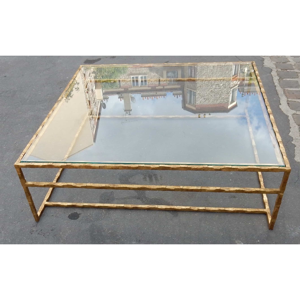 1970′ Table Basse en Fer Forgé Decor Végétal Dorée Feuilles d Or 130 X 130 cm 9