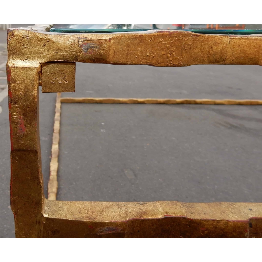 1970′ Table Basse en Fer Forgé Decor Végétal Dorée Feuilles d Or 130 X 130 cm 10